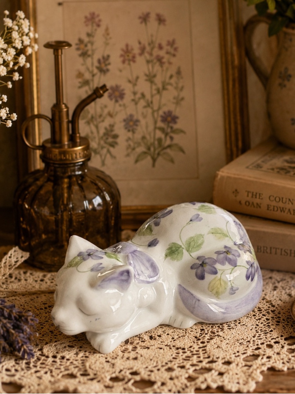 Andrea by Sadek Sleeping Kitten Cat Porcelain Figurine Violet Flowers Vintage